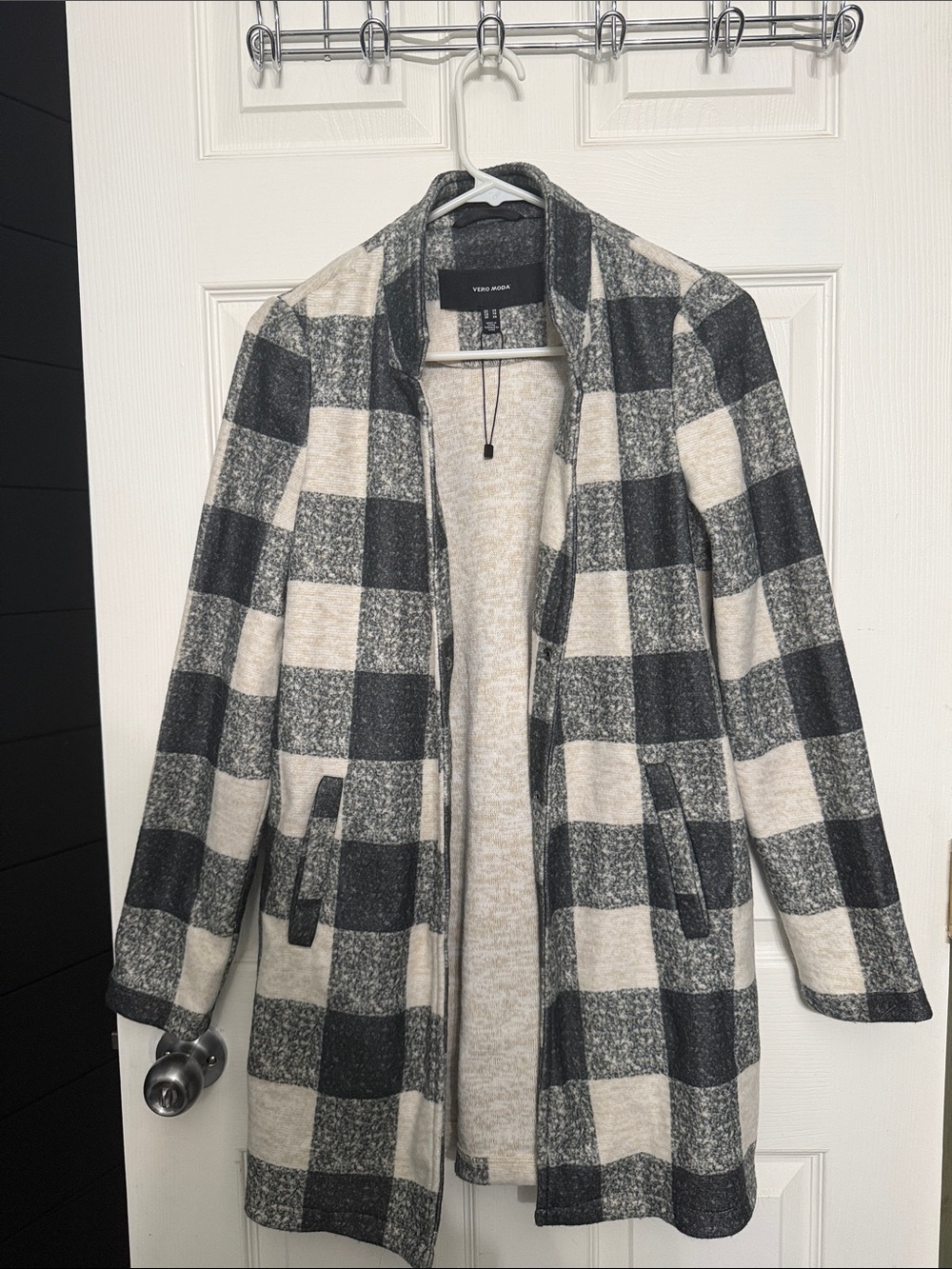 Vero Moda Black & Cream Checked Open-Front Pea Coat
